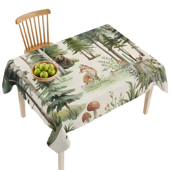 Rectangle Tablecloths, Animals Bear Deer Fox Rabbit Waterproof Table Cloths, Retro Tree on Linen Spillproof Decorative Dining Table Covers for Kitchen,Indoor Outdoor Parties, Camping 60x84in