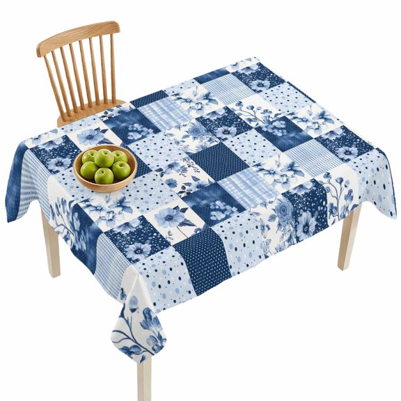 Rectangle Tablecloths, Blue Checkered Rustic Floral Waterproof Table Cloths, Wave Point on Square Spillproof Decorative Dining Table Covers for Kitchen,Indoor Outdoor Parties, Camping 60x84in