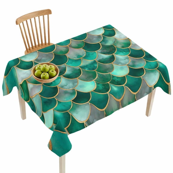 Rectangle Tablecloths, Bohemian Emerald Green Fish Scales Waterproof Table Cloths, Retro Abstract Spillproof Decorative Dining Table Covers for Kitchen,Indoor Outdoor Parties, Camping 52x70in
