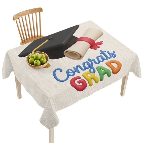 Rectangle Tablecloths, Cartoon Bachelor's Hat on Beige Waterproof Table Cloths, Congrats Grad Quote Spillproof Decorative Dining Table Covers for Kitchen,Indoor Outdoor Parties, Camping 60x84in
