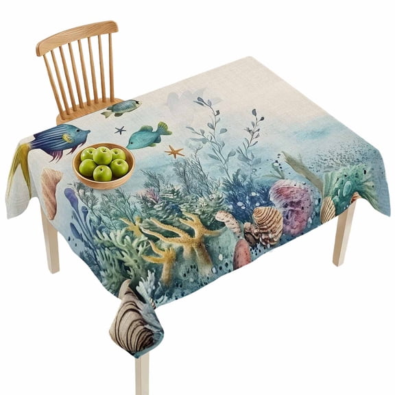 Rectangle Tablecloths, Cartoon Fish Summer Ocean Coral Waterproof Table Cloths, Seaside Animal Linen Texture Spillproof Decorative Dining Table Covers for Kitchen,Indoor Parties, Camping 52x70in