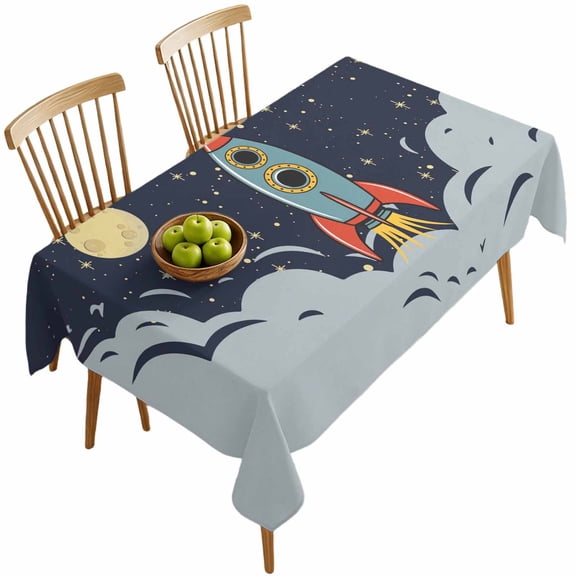 Rectangle Tablecloths, Cartoon Space Rocket Launch Stars and Moon Waterproof Table Cloths, Outer Planet Spillproof Decorative Dining Table Covers for Kitchen,Indoor Outdoor Parties, Camping 60x120in