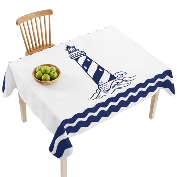 Rectangle Tablecloths, Coastal Nautical Lighthouse Sea Wave Waterproof Table Cloths, Navy Blue Water Ripple Spillproof Decorative Dining Table Covers for Kitchen,Indoor Parties, Camping 52x70in