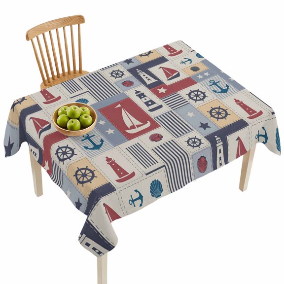 Rectangle Tablecloths, Coastal Ocean Sailboat Anchor Stripe Waterproof Table Cloths, Retro Rudder Lighthouse Spillproof Decorative Dining Table Covers for Kitchen,Indoor Parties, Camping 52x70in