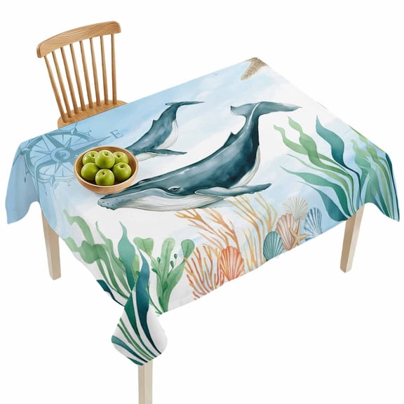 Rectangle Tablecloths, Coastal Ocean Whale Fish Waterproof Table Cloths, Sea Blue Marine Life Spillproof Decorative Dining Table Covers for Kitchen,Indoor Outdoor Parties, Camping 60x84in
