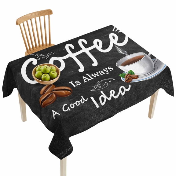 Rectangle Tablecloths, Coffee Bean Cup Cafe Drink on Black Waterproof Table Cloths, Coffees Good Idea Quote Spillproof Decorative Dining Table Covers for Kitchen,Parties, Camping 52x70in