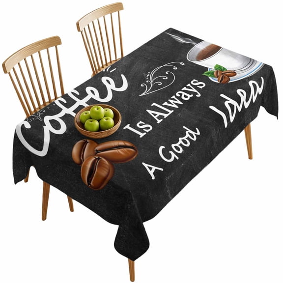 Rectangle Tablecloths, Coffee Bean Cup Cafe Drink on Black Waterproof Table Cloths, Coffees Good Idea Quote Spillproof Decorative Dining Table Covers for Kitchen,Parties, Camping 60x120in