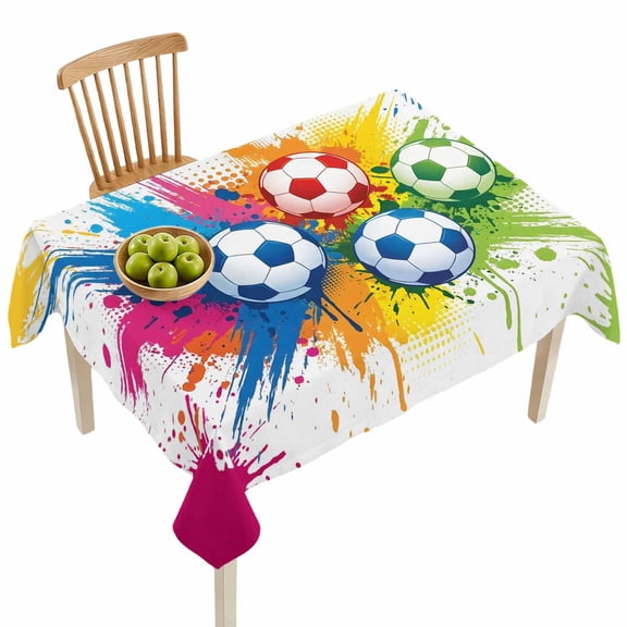 Rectangle Tablecloths, Colorful Soccer Balls Waterproof Table Cloths, Rainbow Paint Splatter Footballs Spillproof Decorative Dining Table Covers for Kitchen,Indoor Outdoor Parties, Camping 60x84in
