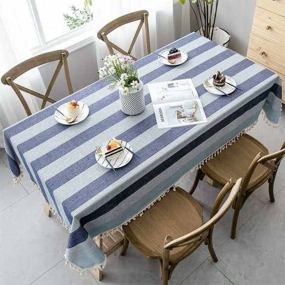Rectangle Tablecloths In Cotton Linen,Patchwork Striped Tablecloth With Tassel,Stain Resistant Table Covers For Dining Room Kitchen Writing Desk Picnic-Blue B-110x110cm(43x43")