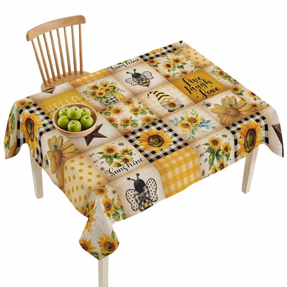 Rectangle Tablecloths, Country Star Bee Gnome Sunflower Waterproof Table Cloths, Farm Yellow Gingham Check Spillproof Decorative Dining Table Covers for Kitchen,Indoor Parties, Camping 52x70in