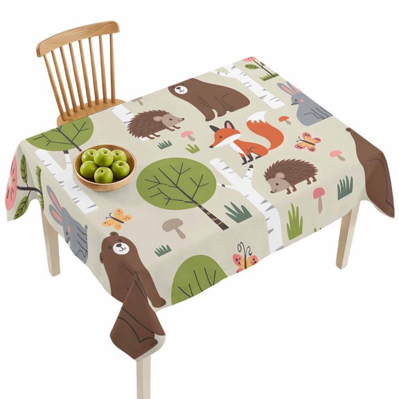 Rectangle Tablecloths, Cute Bear Hedgehog Fox Waterproof Table Cloths, Cartoon Tree Wild Flower Spillproof Decorative Dining Table Covers for Kitchen,Indoor Outdoor Parties, Camping 60x84in