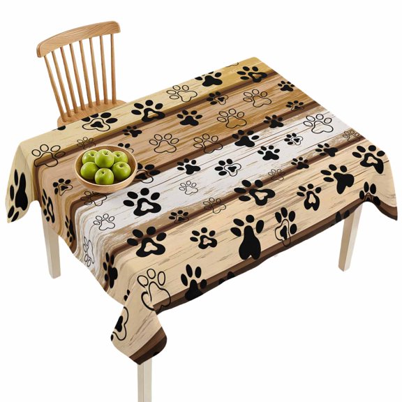 Rectangle Tablecloths, Cute Dog Paw Print Farm Wood Board Waterproof Table Cloths, Pet Footprint Shadow Spillproof Decorative Dining Table Covers for Kitchen,Indoor Outdoor Parties, Camping 60x84in