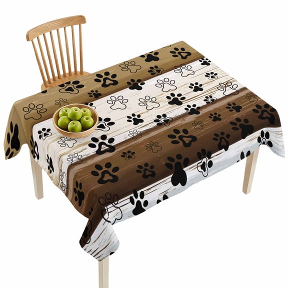 Rectangle Tablecloths, Cute Dog Paw Print Farm Wood Board Waterproof Table Cloths, Pet Footprints Shadow Spillproof Decorative Dining Table Covers for Kitchen,Indoor Outdoor Parties, Camping 60x84in