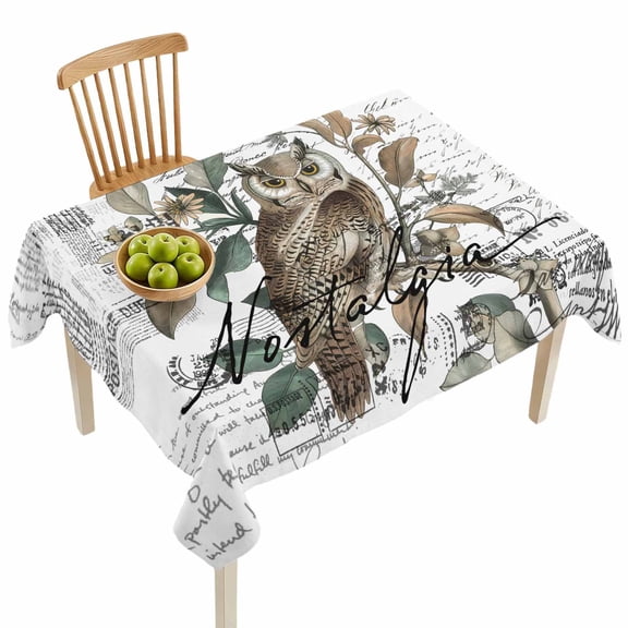 Rectangle Tablecloths, Cute Owl Bird on Branch Waterproof Table Cloths, Wild Animal Retro Letter Back Spillproof Decorative Dining Table Covers for Kitchen,Indoor Outdoor Parties, Camping 60x84in