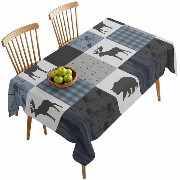 Rectangle Tablecloths, Deer Bear Retro Grey Plaid Waterproof Table Cloths, Forest Animal Shadow Spillproof Decorative Dining Table Covers for Kitchen,Indoor Outdoor Parties, Camping 54x108in