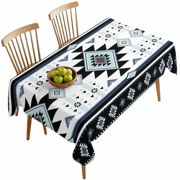 Rectangle Tablecloths, Ethnic Tribal Aztec Geometric Pattern Waterproof Table Cloths, Blue Black White Spillproof Decorative Dining Table Covers for Kitchen,Indoor Outdoor Parties, Camping 60x120in