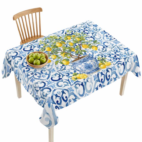 Rectangle Tablecloths, Farm Lemon Fruit Leaves Waterproof Table Cloths, Blue and White Porcelain Texture Spillproof Decorative Dining Table Covers for Kitchen,Indoor Outdoor Parties, Camping 60x84in