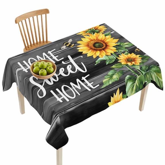 Rectangle Tablecloths, Farm Sunflower Bee Sweet Home Text Waterproof Table Cloths, Vintage Black Grey Wood Spillproof Decorative Dining Table Covers for Kitchen,Indoor Parties, Camping 52x70in