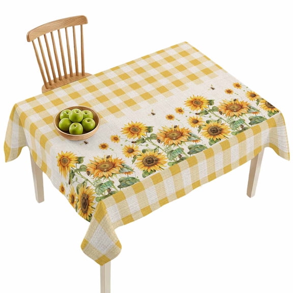 Rectangle Tablecloths, Farm Sunflower Plant Yellow Plaid Waterproof Table Cloths, Retro Linen Spillproof Decorative Dining Table Covers for Kitchen,Indoor Outdoor Parties, Camping 60x84in