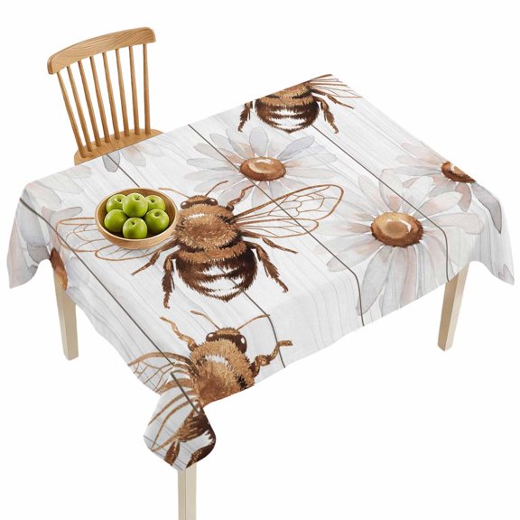 Rectangle Tablecloths, Farm Watercolor Daisy Flower Bees Waterproof Table Cloths, Rustic White Wood Grain Spillproof Decorative Dining Table Covers for Kitchen,Indoor Outdoor Parties, Camping 60x84in