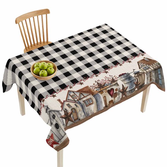 Rectangle Tablecloths, Farm Wooden House Black Buffalo Plaid Waterproof Table Cloths, Western Star Spillproof Decorative Dining Table Covers for Kitchen,Indoor Outdoor Parties, Camping 60x84in