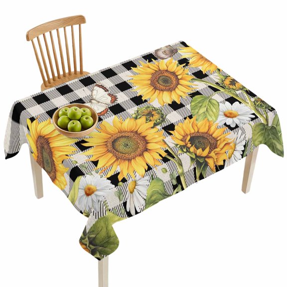 Rectangle Tablecloths, Farmhouse Sunflower Butterfly Waterproof Table Cloths, Pastoral Flower Buffalo Check Spillproof Decorative Dining Table Covers for Kitchen,Indoor Parties, Camping 60x84in