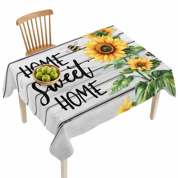 Rectangle Tablecloths, Farmhouse Sunflower Floral Bee Waterproof Table Cloths, Sweet Home Text on White Wood Spillproof Decorative Dining Table Covers for Kitchen,Indoor Parties, Camping 52x70in