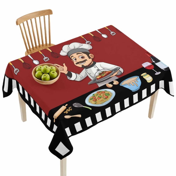 Rectangle Tablecloths, Fun Chef Kitchenware Food Burgundy Red Waterproof Table Cloths, Black White Checker Spillproof Decorative Dining Table Covers for Kitchen,Parties, Camping 52x70in