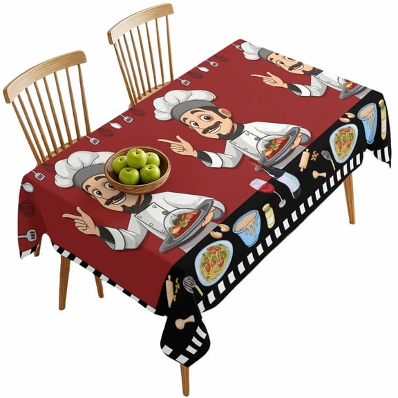 Rectangle Tablecloths, Fun Chef Kitchenware Food Burgundy Red Waterproof Table Cloths, Black White Checker Spillproof Decorative Dining Table Covers for Kitchen,Parties, Camping 60x120in