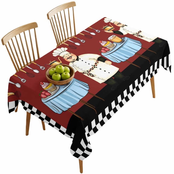 Rectangle Tablecloths, Funny Chef Delicious Dessert Waterproof Table Cloths, Black and White Checker Spillproof Decorative Dining Table Covers for Kitchen,Indoor Outdoor Parties, Camping 60x120in