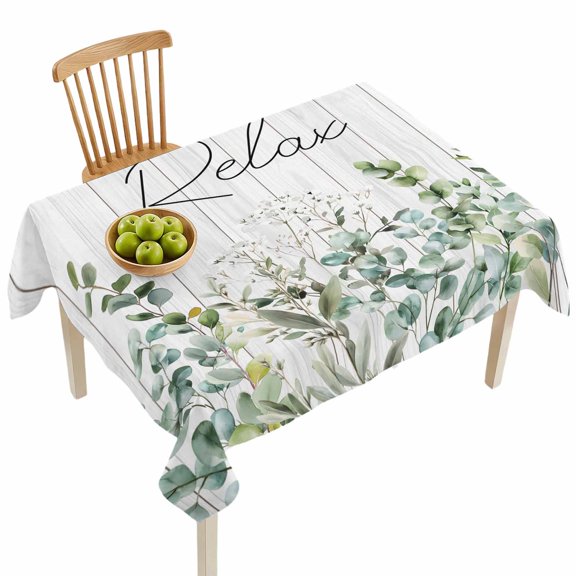 Rectangle Tablecloths, Green Eucalyptus Leaves Farm Retro Wood Board Waterproof Table Cloths, Relax Quote Spillproof Decorative Dining Table Covers for Kitchen,Indoor Outdoor Parties, Camping 52x70in