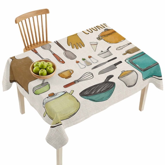 Rectangle Tablecloths, Kitchen Cooking Kitchenware Cartoon Style Waterproof Table Cloths, Retro Linen Spillproof Decorative Dining Table Covers for Kitchen,Indoor Outdoor Parties, Camping 60x102in