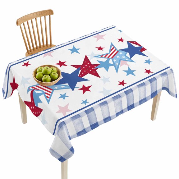 Rectangle Tablecloths, Memorial Day Red Blue Star and Grid Waterproof Table Cloths, Independence Day Patriotic Flag Spillproof Decorative Dining Table Covers for Kitchen,Parties, Camping 52x70in