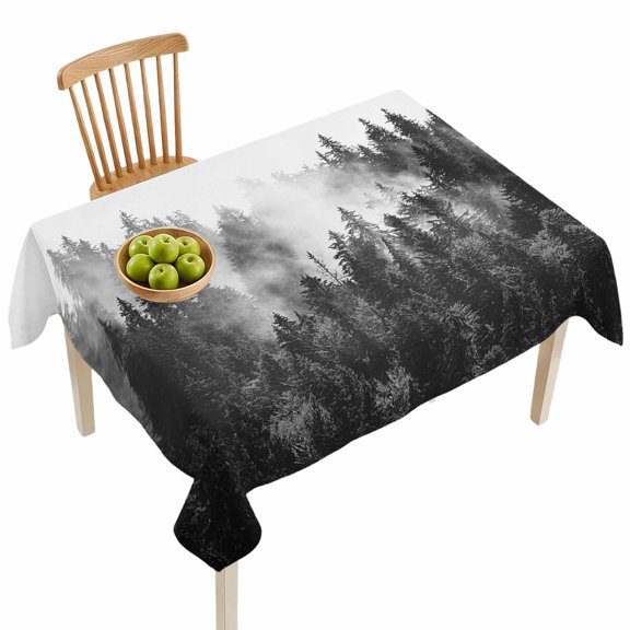 Rectangle Tablecloths, Monochrome Misty Natural Forest Waterproof Table Cloths, Foggy Tree Woodland Scenery Spillproof Decorative Dining Table Covers for Kitchen,Parties, Camping 52x70in