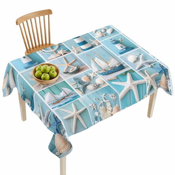 Rectangle Tablecloths, Nautical Lighthouse Rudder Starfish Waterproof Table Cloths, Marine Life Shell Blue Wood Spillproof Decorative Dining Table Covers for Kitchen,Indoor Parties, Camping 60x84in