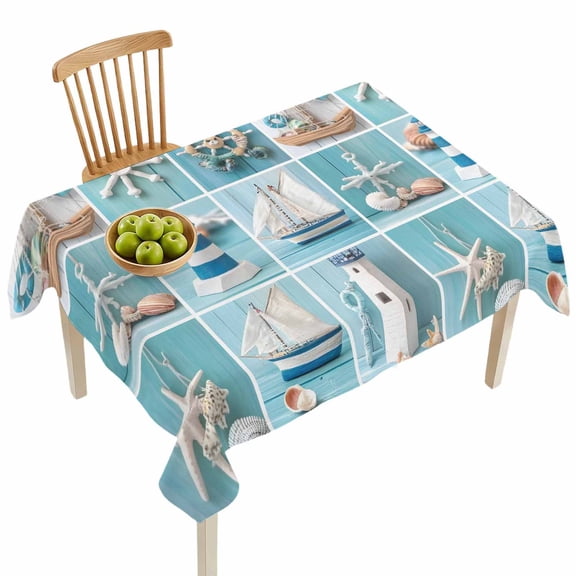 Rectangle Tablecloths, Ocean Beach Lighthouse Starfish Shell Waterproof Table Cloths, Blue Wood Grain Plaid Spillproof Decorative Dining Table Covers for Kitchen,Indoor Parties, Camping 52x70in