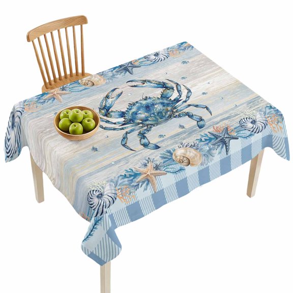 Rectangle Tablecloths, Ocean Crab Wood Board Waterproof Table Cloths, Sea Starfish Shell Conch Buffalo Plaid Spillproof Decorative Dining Table Covers for Kitchen,Indoor Parties, Camping 60x84in