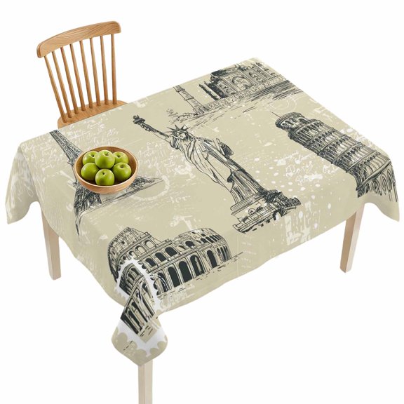 Rectangle Tablecloths, Retro Architectural Panorama Waterproof Table Cloths, US Europe Landmarks on Khaki Spillproof Decorative Dining Table Covers for Kitchen,Indoor Outdoor Parties, Camping 60x84in