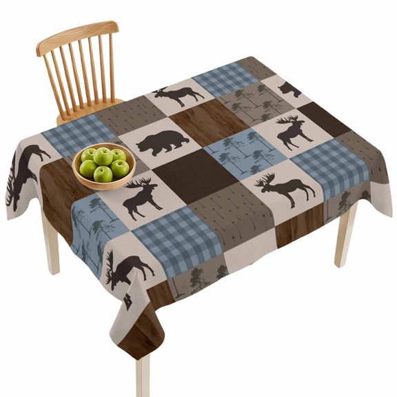 Rectangle Tablecloths, Retro Deer Bear Plaid Check Waterproof Table Cloths, Abstract Patchwork Pattern Spillproof Decorative Dining Table Covers for Kitchen,Indoor Outdoor Parties, Camping 60x84in
