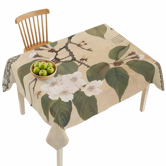 Rectangle Tablecloths, Retro Pear Blossom Floral Leaves Waterproof Table Cloths, Tree Branch on Postcard Spillproof Decorative Dining Table Covers for Kitchen,Indoor Outdoor Parties, Camping 60x102in