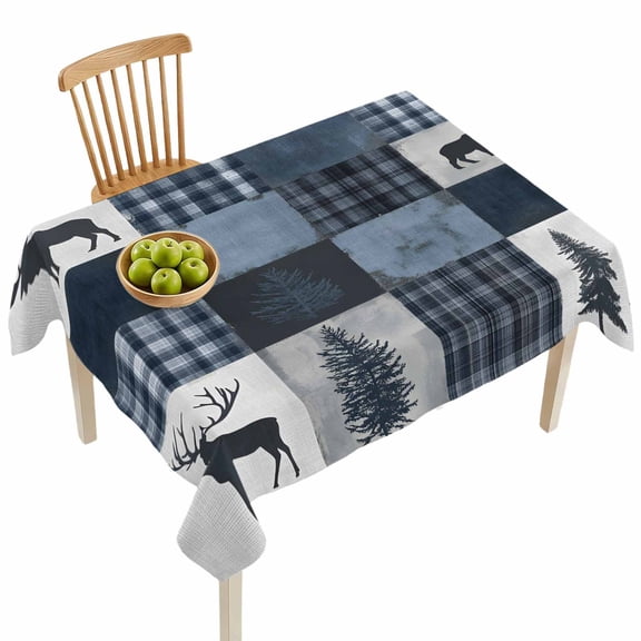 Rectangle Tablecloths, Retro Pine Tree Deer Silhouette Waterproof Table Cloths, Forest Animal Plant Checkered Spillproof Decorative Dining Table Covers for Kitchen,Indoor Parties, Camping 52x70in