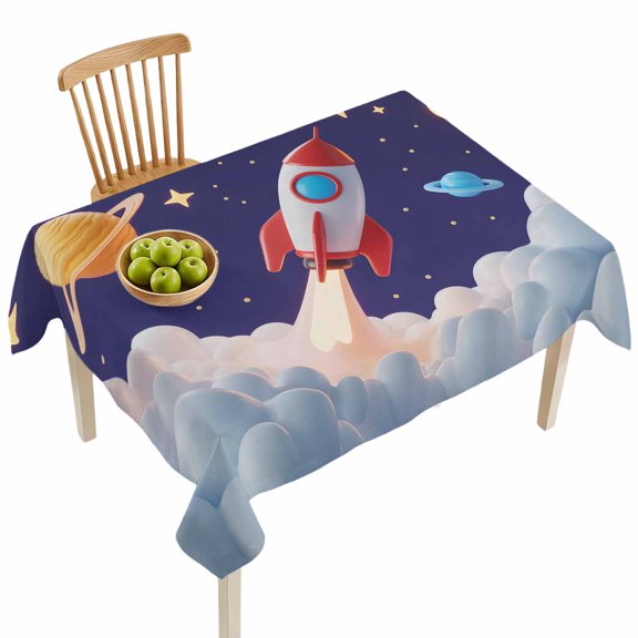 Rectangle Tablecloths, Rocket Space Universe Planet Waterproof Table Cloths, Night Star Cartoon Style Spillproof Decorative Dining Table Covers for Kitchen,Indoor Outdoor Parties, Camping 52x70in