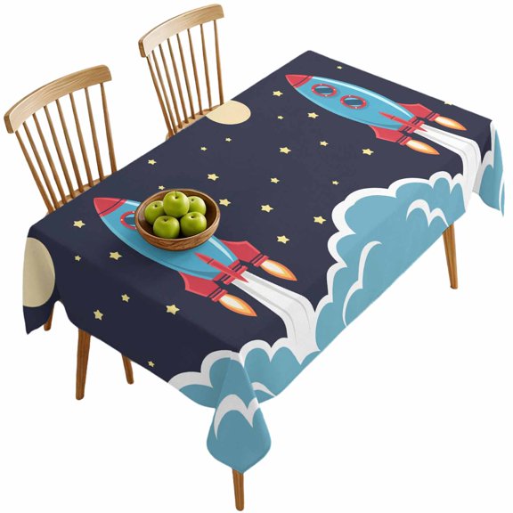 Rectangle Tablecloths, Space Rocket Moon Star Waterproof Table Cloths, Cartoon Style Spillproof Decorative Dining Table Covers for Kitchen,Indoor Outdoor Parties, Camping 60x120in