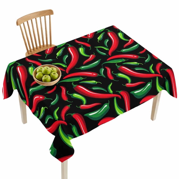 Rectangle Tablecloths, Spicy Chili Pepper Pattern Waterproof Table Cloths, Red Green Peppers on Black Spillproof Decorative Dining Table Covers for Kitchen,Indoor Outdoor Parties, Camping 60x84in