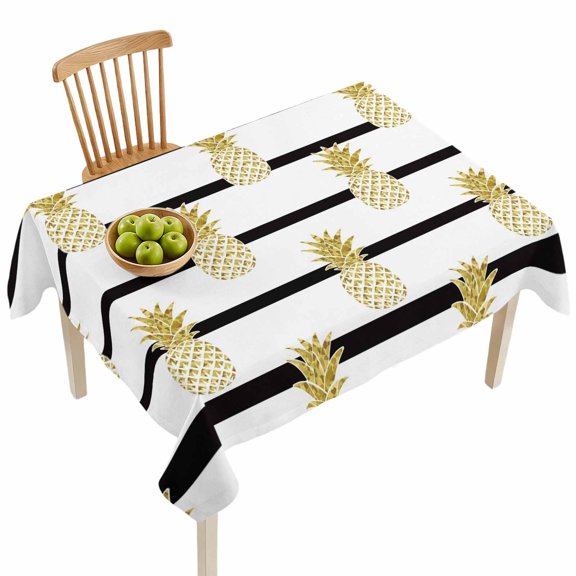 Rectangle Tablecloths, Summer Gold Pineapple Black White Stripes Waterproof Table Cloths, Tropical Fruit Seamless Spillproof Decorative Dining Table Covers for Kitchen,Indoor Parties, Camping 60x84in