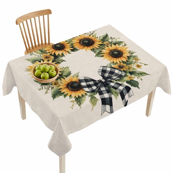 Rectangle Tablecloths, Summer Pastoral Sunflower Wreath on Linen Waterproof Table Cloths, Circle Flower Spillproof Decorative Dining Table Covers for Kitchen,Indoor Outdoor Parties, Camping 52x70in