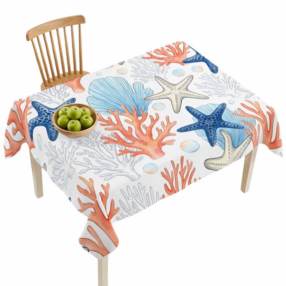 Rectangle Tablecloths, Summer Starfish Coral Shell Bubble Waterproof Table Cloths, Underwater Marine Creature Spillproof Decorative Dining Table Covers for Kitchen,Indoor Parties, Camping 52x70in