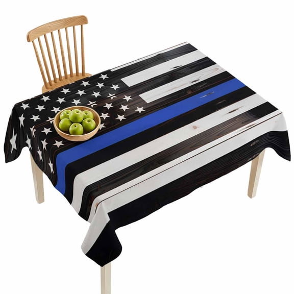Rectangle Tablecloths, Thin Blue Line American Flag Waterproof Table Cloths, Black White Stars Stripes Spillproof Decorative Dining Table Covers for Kitchen,Indoor Outdoor Parties, Camping 52x70in