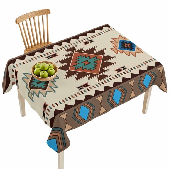 Rectangle Tablecloths, Tribal Aztec Ethnic Style Waterproof Table Cloths, Abstract Geometric Vintage Brown Spillproof Decorative Dining Table Covers for Kitchen,Parties, Camping 60x102in