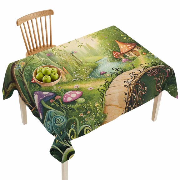 Rectangle Tablecloths, Vintage Mushroom Cottage Forest Waterproof Table Cloths, Fairy Tale World Spillproof Decorative Dining Table Covers for Kitchen,Indoor Outdoor Parties, Camping 60x84in